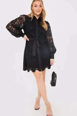 Online In the Style Lace Belted Shirt Dress