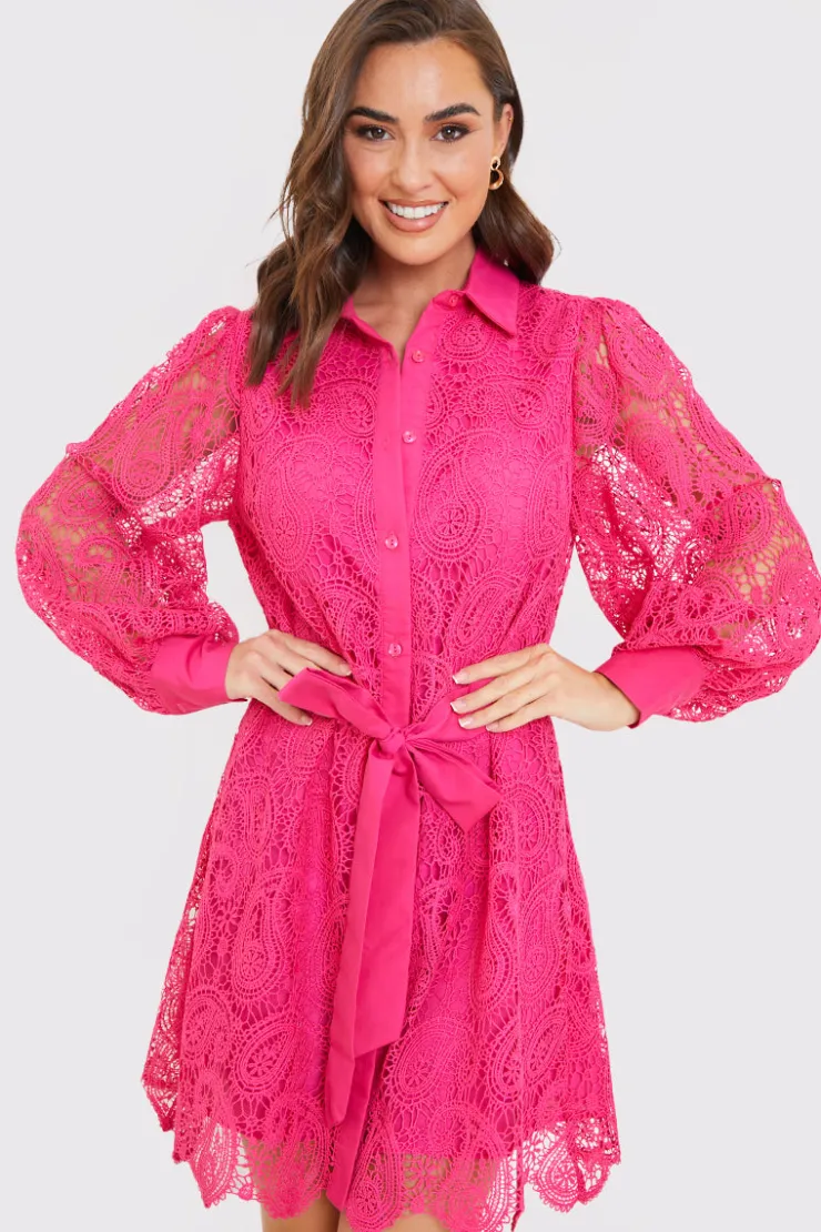Online In the Style Lace Belted Shirt Dress
