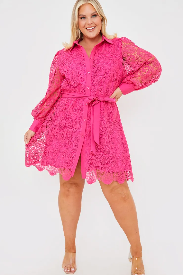 Online In the Style Lace Belted Shirt Dress