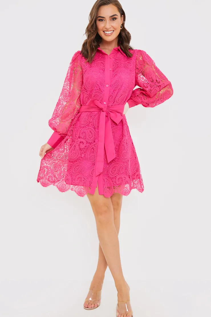 Online In the Style Lace Belted Shirt Dress
