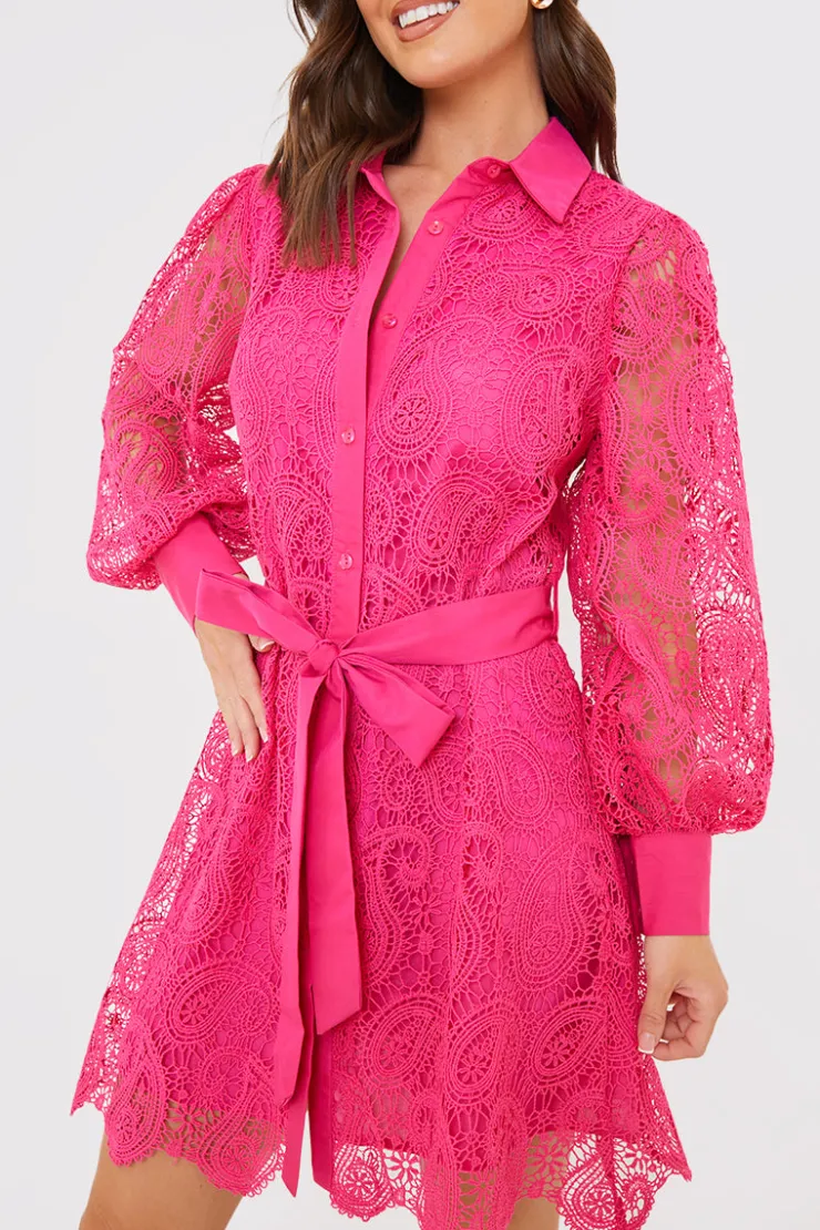 Online In the Style Lace Belted Shirt Dress