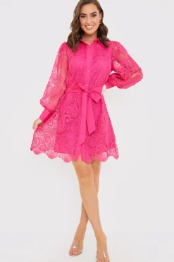 Online In the Style Lace Belted Shirt Dress