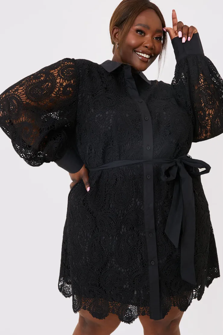 Online In the Style Lace Belted Shirt Dress