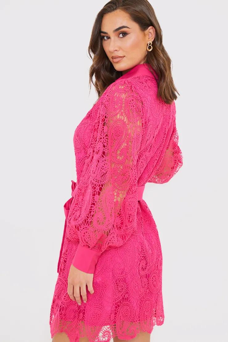 Online In the Style Lace Belted Shirt Dress