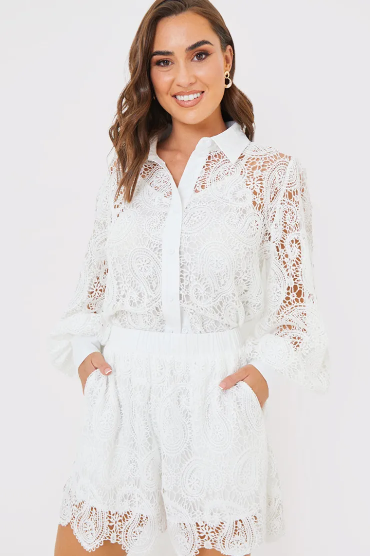 Sale In the Style Lace Co-Ord Shorts White