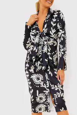 Hot Terrie Mcevoy Leaf Print Plunge Tie Front Midi Shirt Dress Black