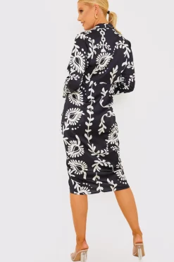 Hot Terrie Mcevoy Leaf Print Plunge Tie Front Midi Shirt Dress Black