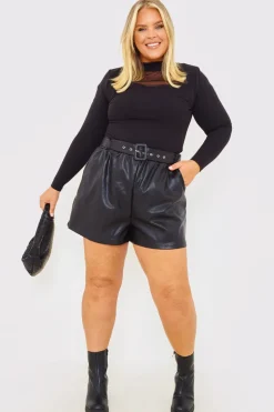 Outlet In the Style Leather Look Belted Shorts Black