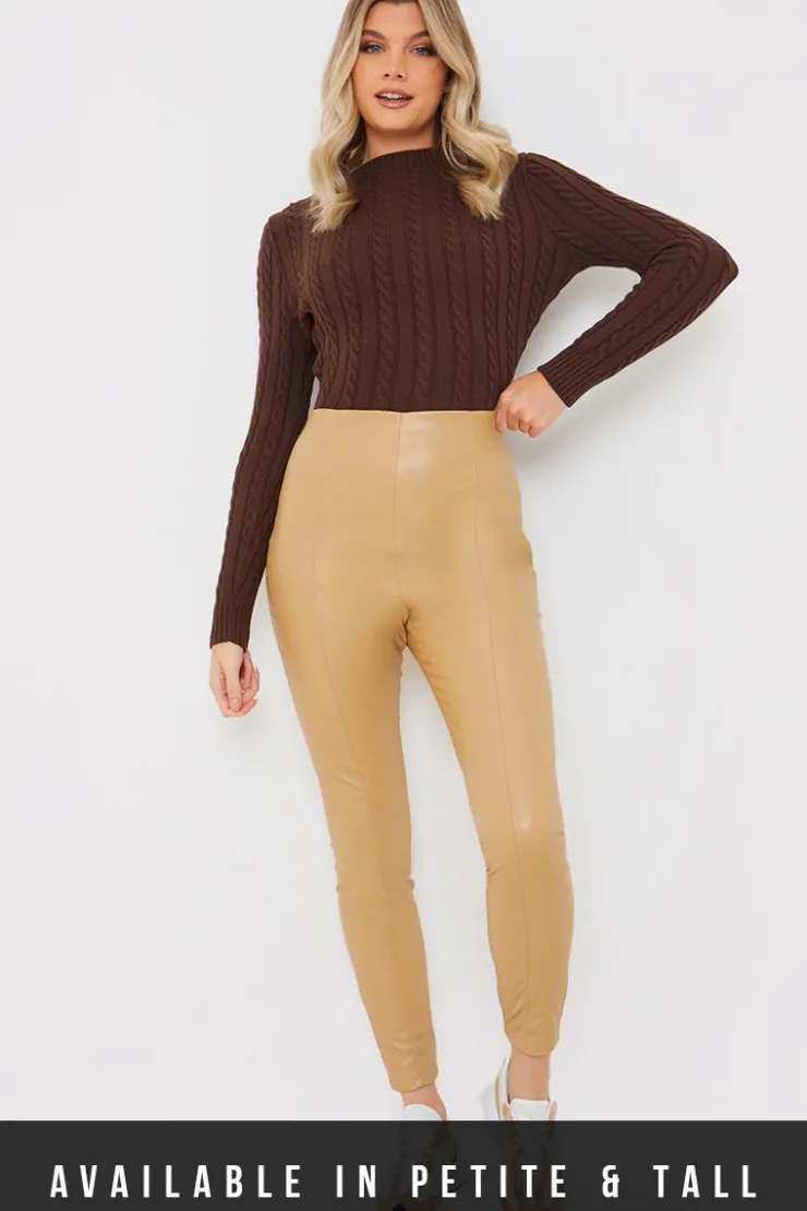 In the Style Leather Look Leggings With Elasticated Waist Sand