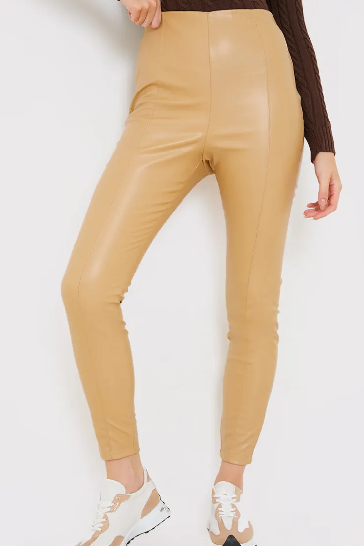 In the Style Leather Look Leggings With Elasticated Waist Sand