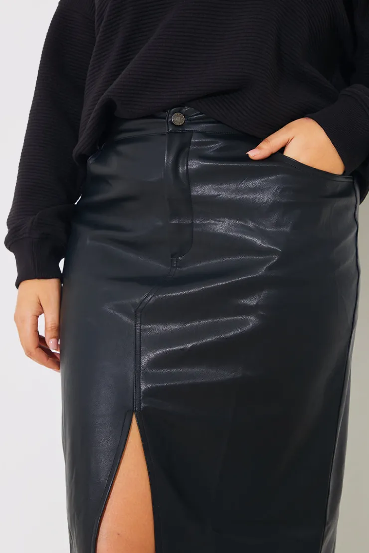 Best In the Style Leather Look Split Front Midi Skirt Black