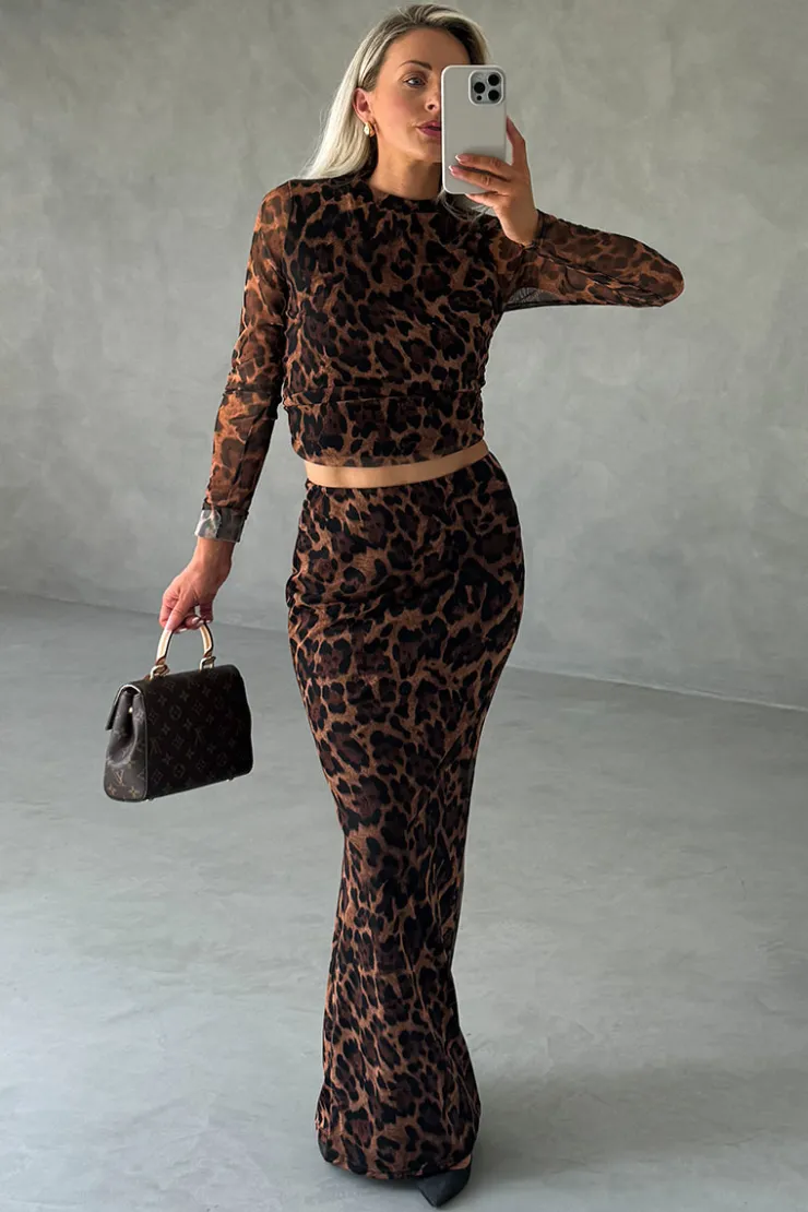 In The Style Leopard Mesh Maxi Skirt Brown