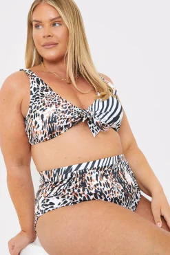 Hot In The Style Leopard Print Tie Front Bikini Top Multicoloured
