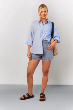 In The Style Denim Paper Bag Shorts Light blue