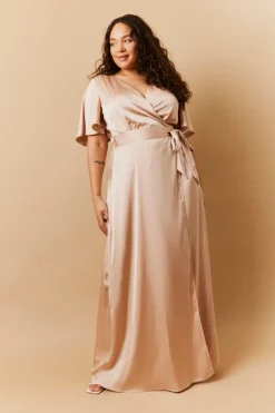 Sale In The Style Light Gold Satin Wrap Tie Angel Sleeve Maxi Dress Nude