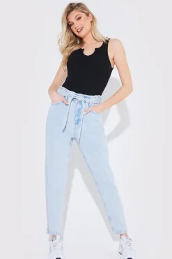 Best Fits Light Wash Paperbag Tie Waist Jeans Blue