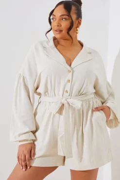 Clearance In the Style Linen Blend Belted Playsuit Stone