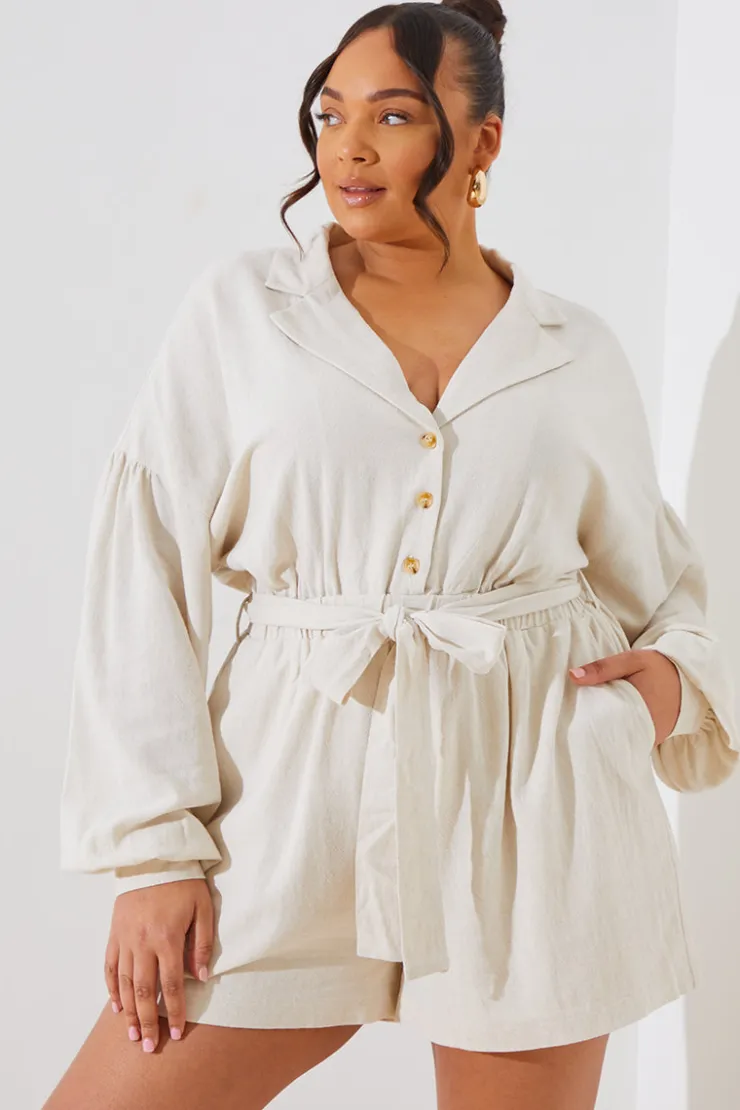 Clearance In the Style Linen Blend Belted Playsuit Stone