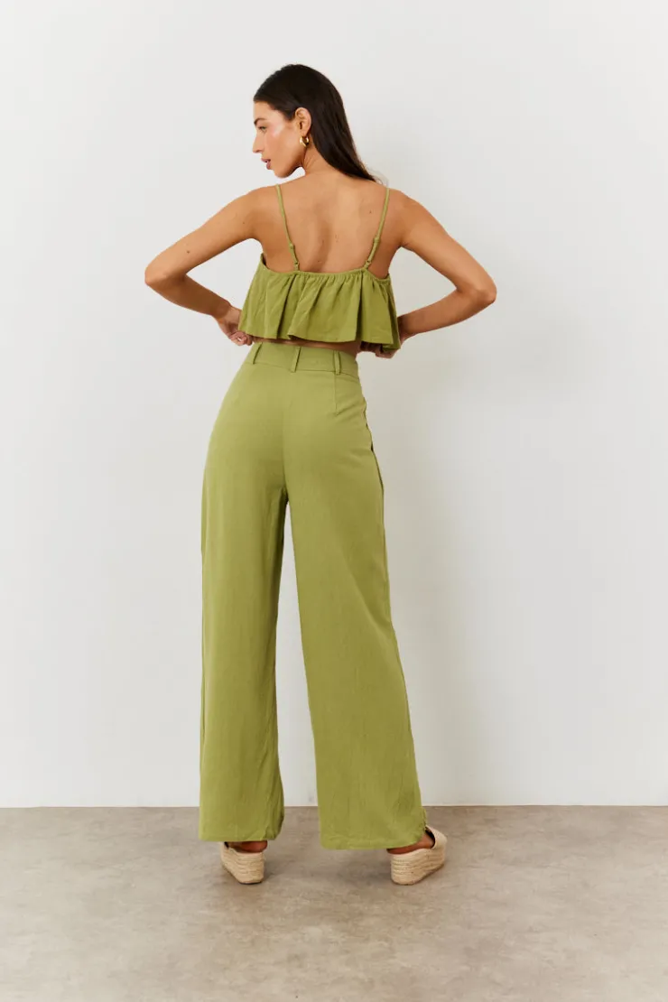Sale In The Style Linen Blend Wide Leg Trouser Green