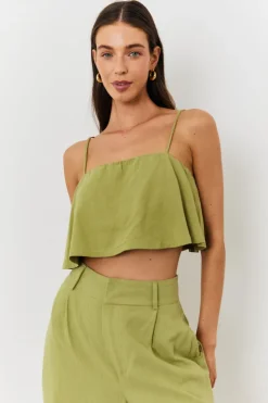Hot In the Style Linen Crop Top Green