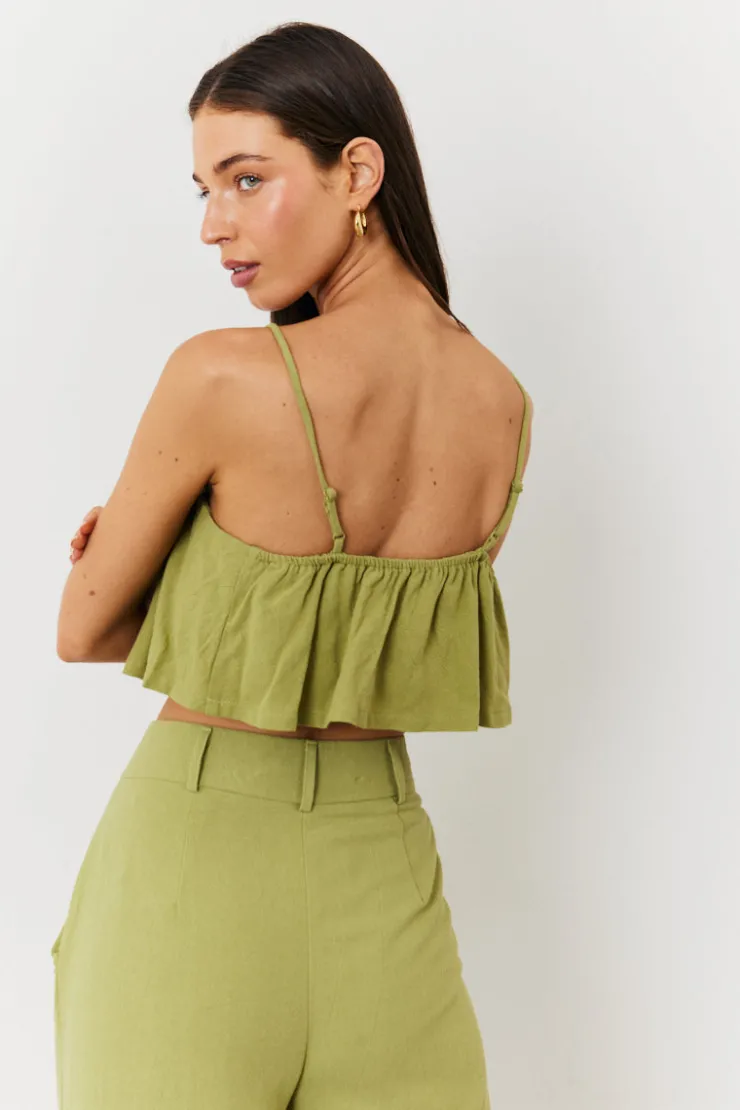 Hot In the Style Linen Crop Top Green