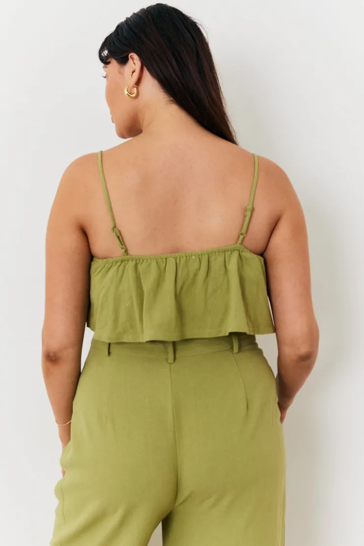 Hot In the Style Linen Crop Top Green