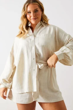 Best In The Style Linen Look Tie Waist Shorts Stone