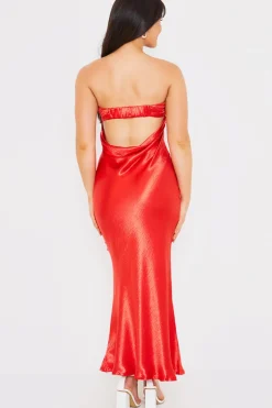 Discount In The Style Liquid Satin Bandeau Cut Out Back Maxi Dress Red
