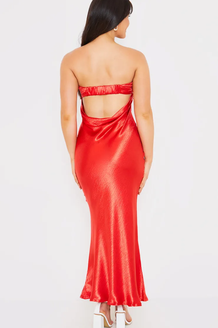 Discount In The Style Liquid Satin Bandeau Cut Out Back Maxi Dress Red
