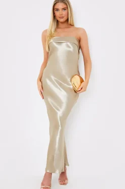 New In the Style Liquid Satin Bandeau Cut Out Back Maxi Dress Gold
