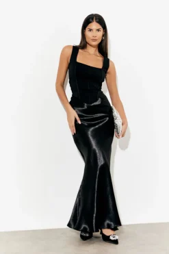 Clearance In the Style Liquid Satin Bias Cut Maxi Skirt Black