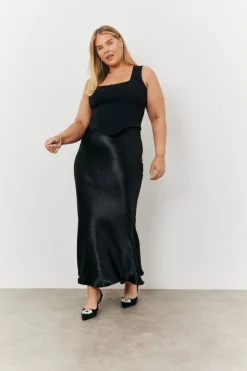 Clearance In the Style Liquid Satin Bias Cut Maxi Skirt Black