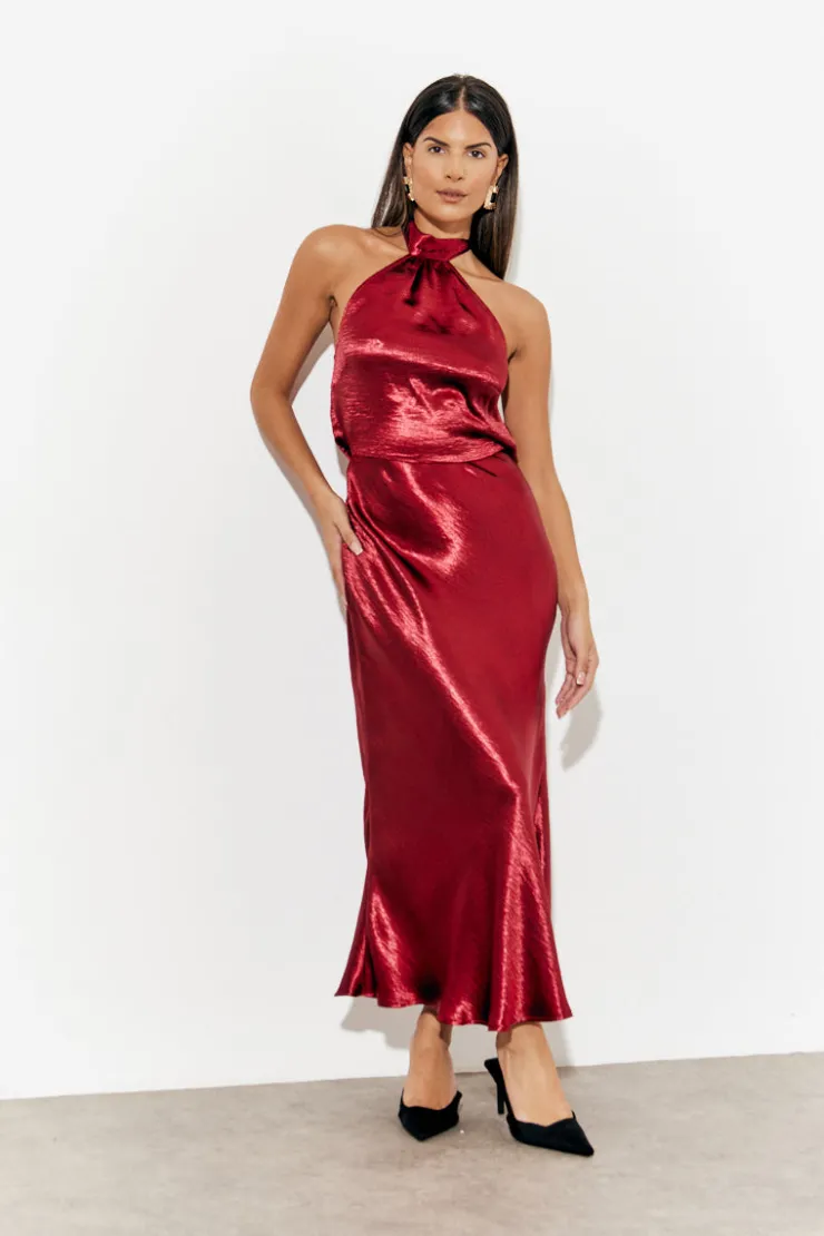 In The Style Liquid Satin Halterneck Cowl Back Midaxi Dress Burgundy