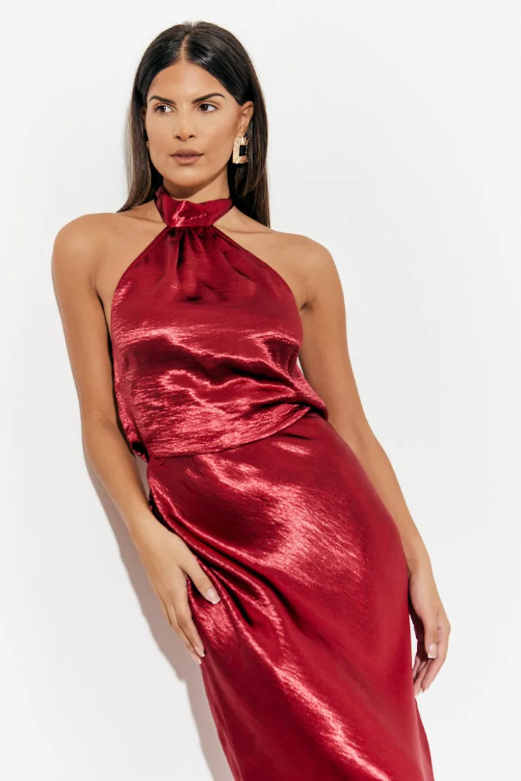 In The Style Liquid Satin Halterneck Cowl Back Midaxi Dress Burgundy