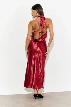 In The Style Liquid Satin Halterneck Cowl Back Midaxi Dress Burgundy