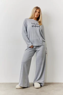 Discount In The Style Long Sleeve Top and Trouser Slogan PJ Set Grey