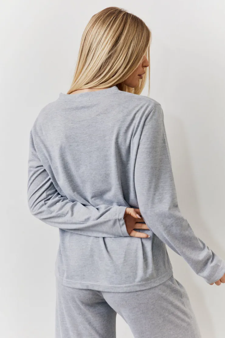 Discount In The Style Long Sleeve Top and Trouser Slogan PJ Set Grey