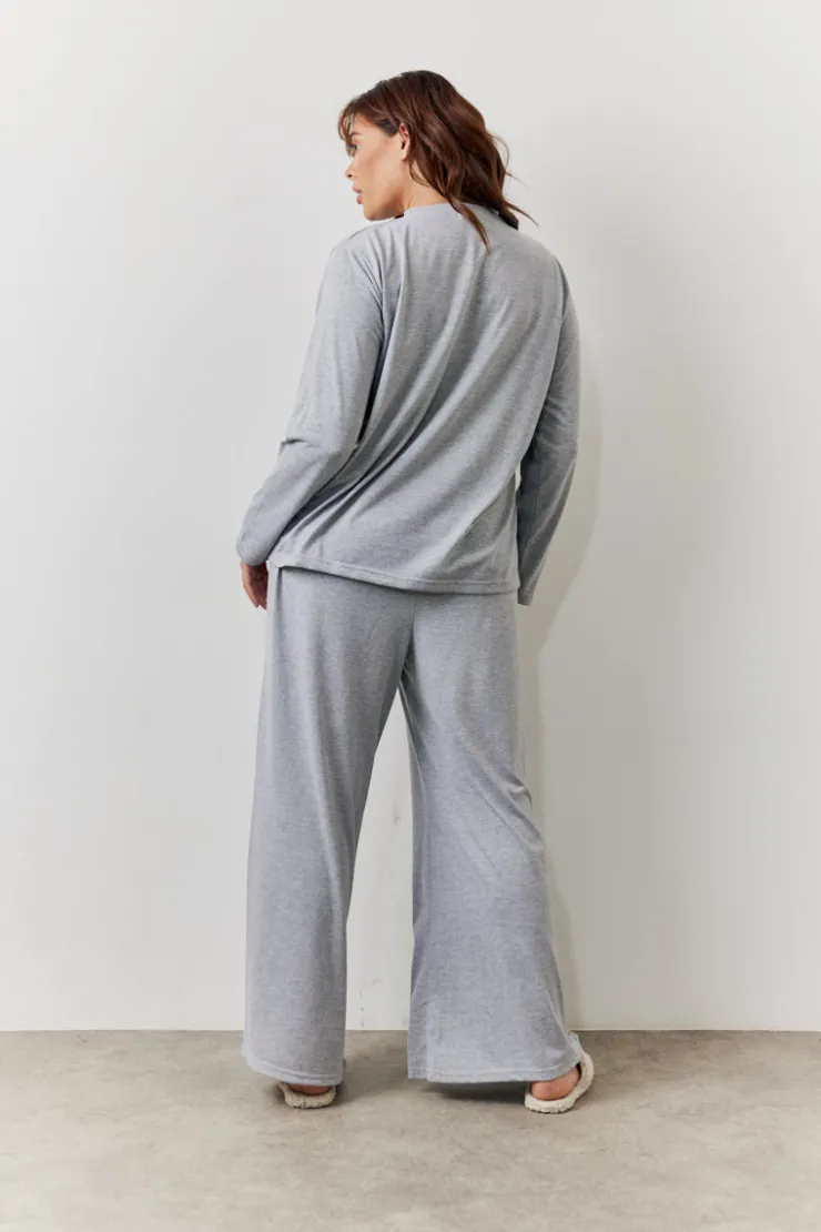 Discount In The Style Long Sleeve Top and Trouser Slogan PJ Set Grey
