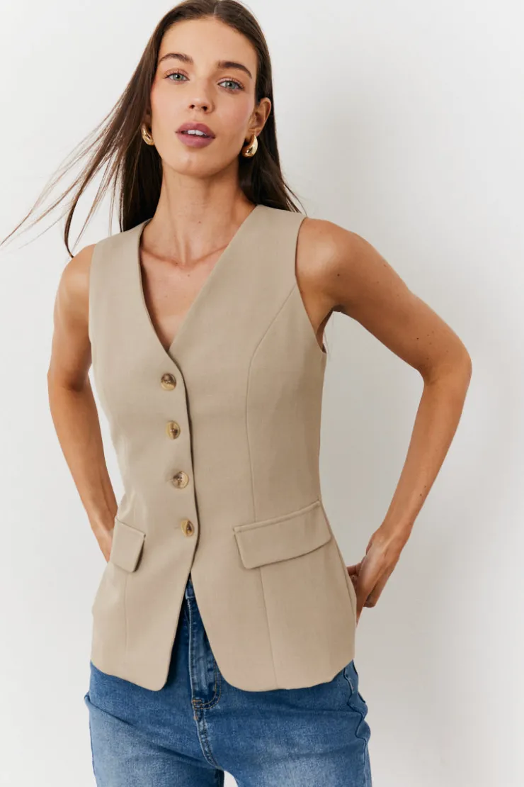 Hot In The Style Longline Button Through Waistcoat Stone