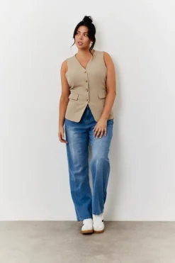 Hot In The Style Longline Button Through Waistcoat Stone