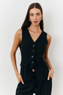 Best In The Style Longline Button Through Waistcoat Black