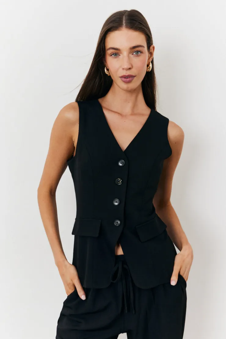 Best In The Style Longline Button Through Waistcoat Black
