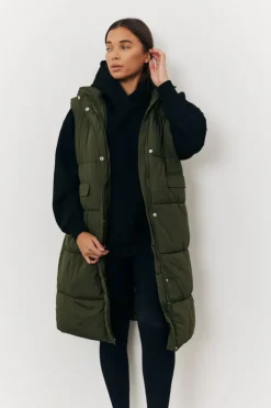 New In The Style Longline Hooded Puffer Gilet Khaki