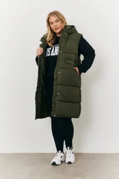 New In The Style Longline Hooded Puffer Gilet Khaki