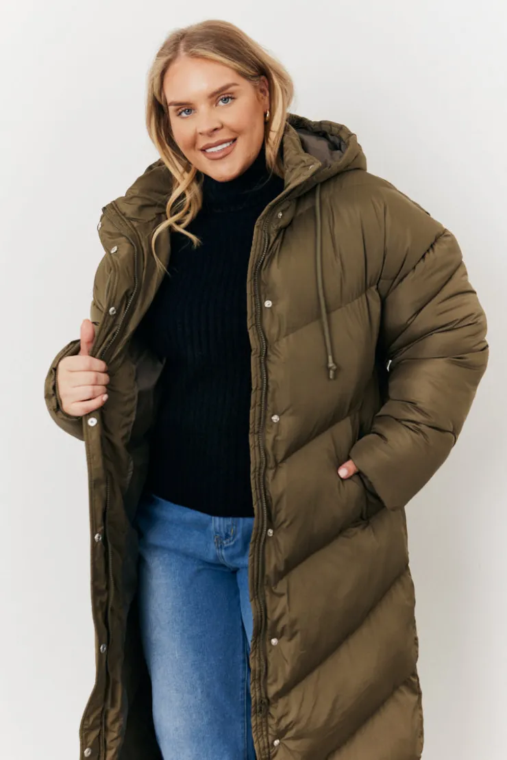 Best In the Style Longline Puffer Jacket Khaki