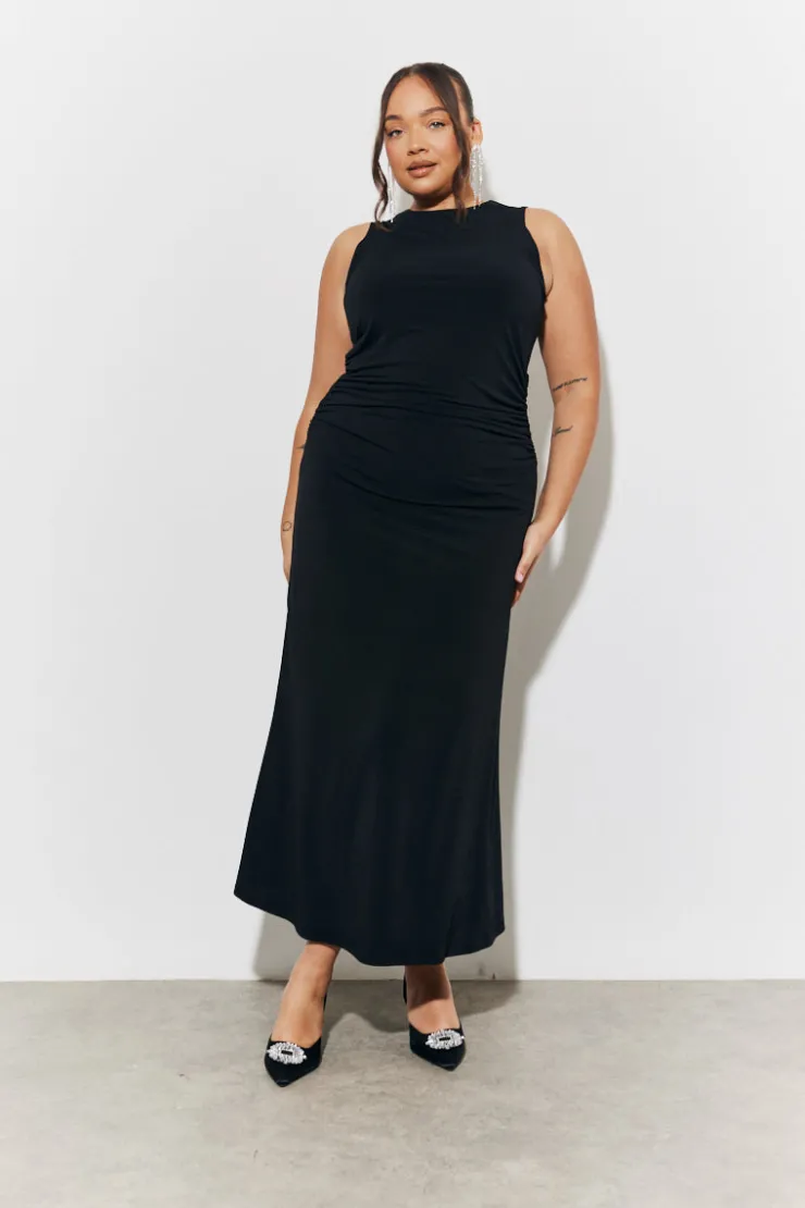 New In The Style Magic Sculpting High Neck Ruched Maxi Dress Black