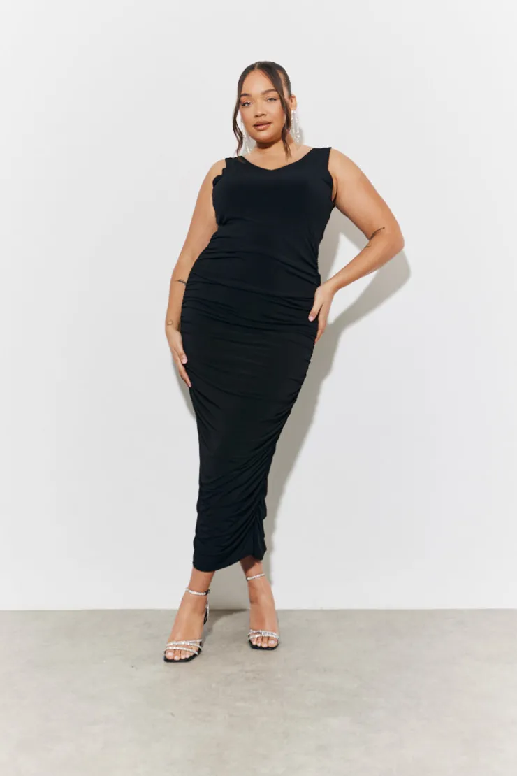New In The Style Magic Sculpting Plunge Neck Ruched Detail Midaxi Dress Black