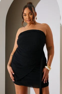 Hot In the Style Mesh Bandeau Drape Mini Dress Black