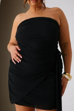 Hot In the Style Mesh Bandeau Drape Mini Dress Black