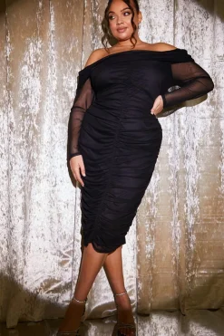 New In the Style Mesh Bardot Ruched Midi Dress Black